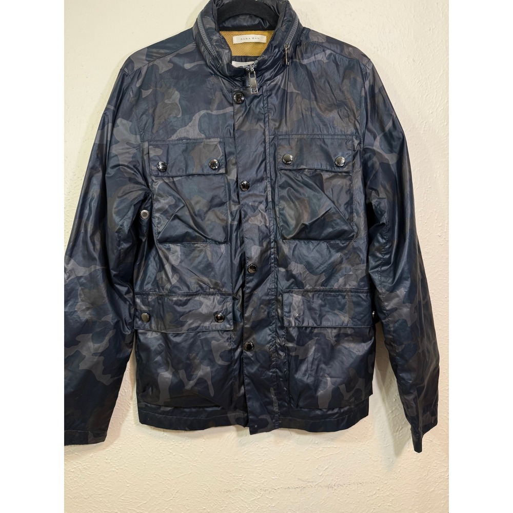 Zara Man Camo Field Jacket Blue Grey Camouflage Utility Coat Mens Large